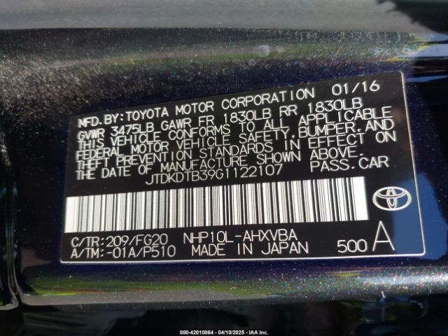 JTDKDTB39G1122107 Toyota Prius C Two