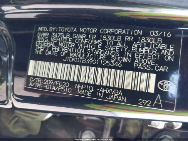 JTDKDTB39G1125346 Toyota Prius C Two