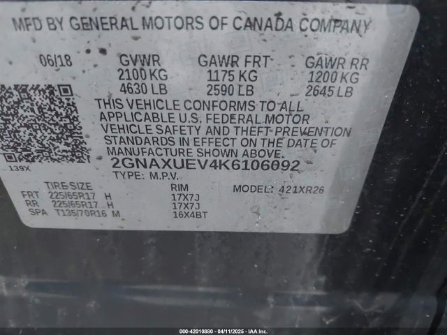 2GNAXUEV4K6106092 Chevrolet EQUINOX LT
