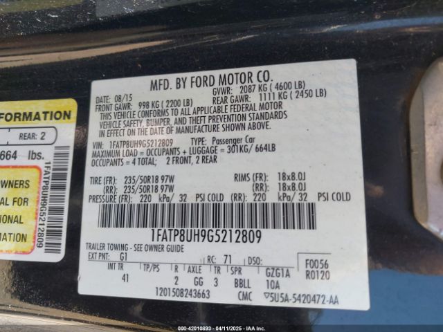 1FATP8UH9G5212809 Ford Mustang Ecoboost Premium