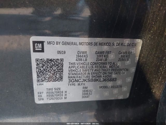 3GNCJKSB8KL365883 Chevrolet TRAX LS
