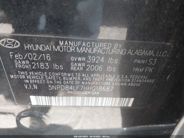 5NPD84LF7HH018687 Hyundai Elantra Limited