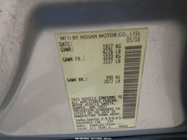 1N4AL3AP2GC233935 Nissan Altima 2.5/2.5 S/2.5 Sl/2.5 Sr/2.5 Sv