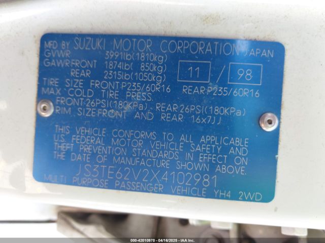 1999 SUZUKI GRAND VITARA JS3TE62V2X4102981 Photo 8