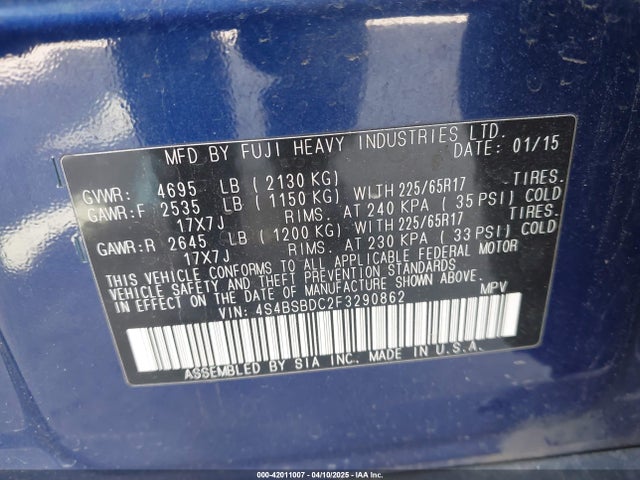 Subaru 2.5l u6 2015 4S4BSBDC2F3290862 Image 9