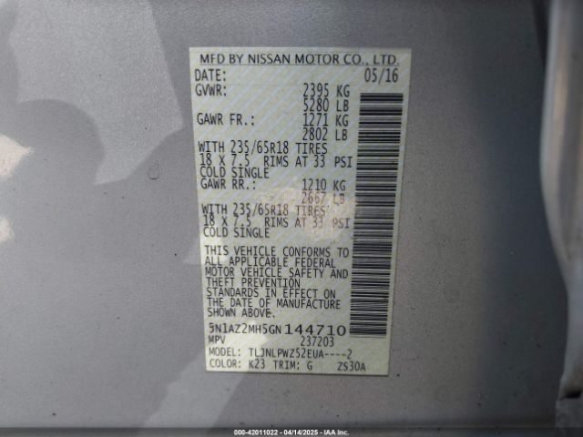 5N1AZ2MH5GN144710 Nissan MURANO S