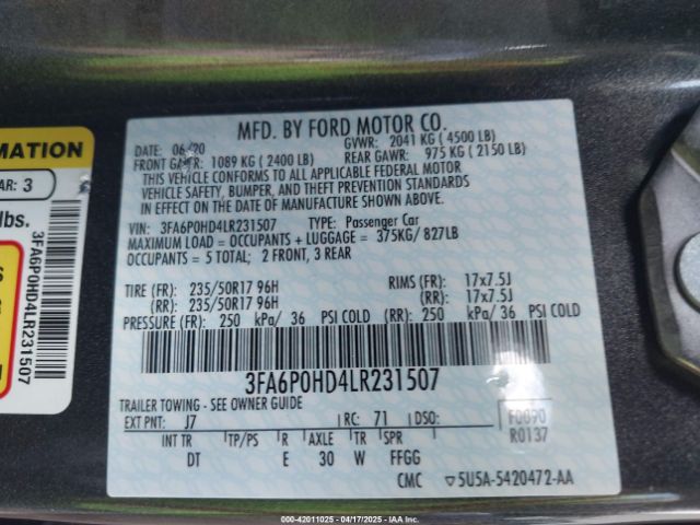 3FA6P0HD4LR231507 Ford FUSION SE