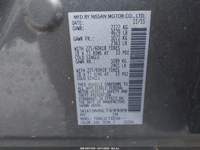 5N1AT2MV9GC769999 Nissan Rogue Sl