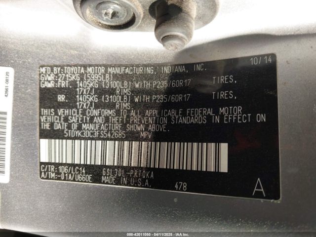 2015 TOYOTA SIENNA 5TDYK3DC3FS542685 Photo 8