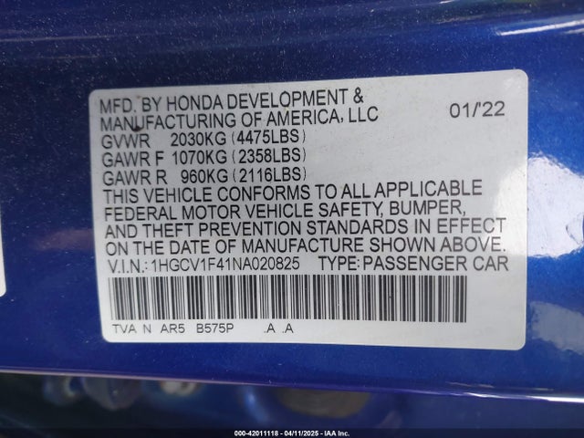 1HGCV1F41NA020825 Honda l15be