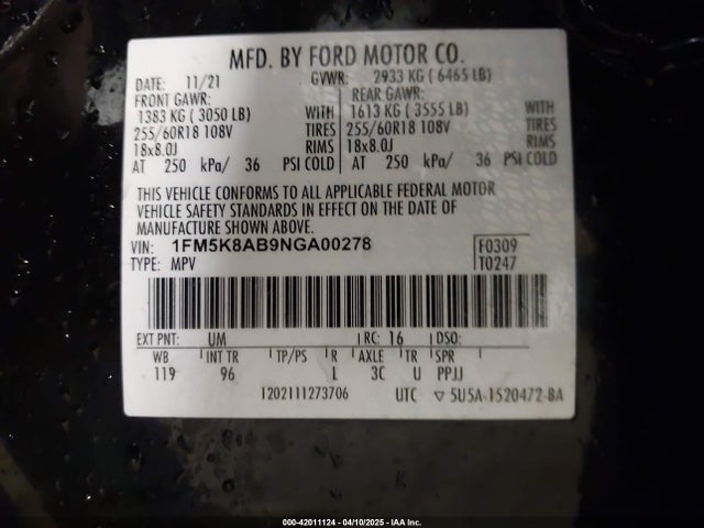 Aukcja sprzedaży 2022 Ford Police Interceptor, vin: 1FM5K8AB9NGA00278, numer aukcji: 42011124