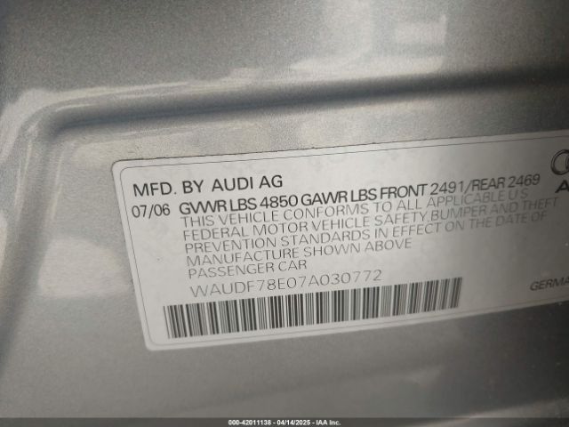 2007 AUDI A4 WAUDF78E07A030772 Photo 8