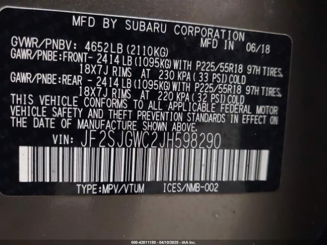 JF2SJGWC2JH598290 Subaru Forester 2.0xt Touring