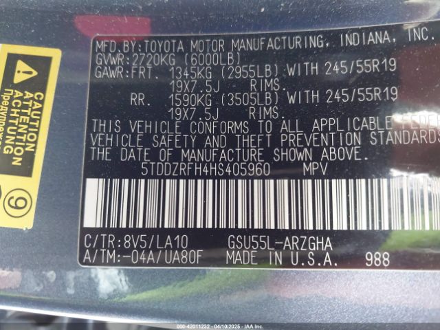 5TDDZRFH4HS405960 Toyota Highlander Limited Platinum