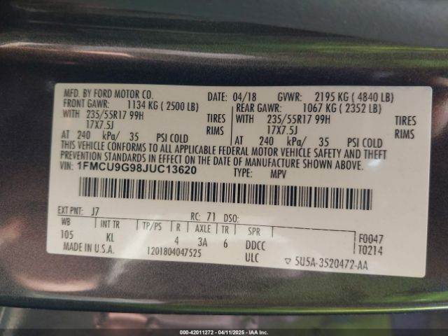 1FMCU9G98JUC13620 Ford ESCAPE SE