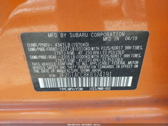 JF2GTACC8K8324191 Subaru naturally aspirated