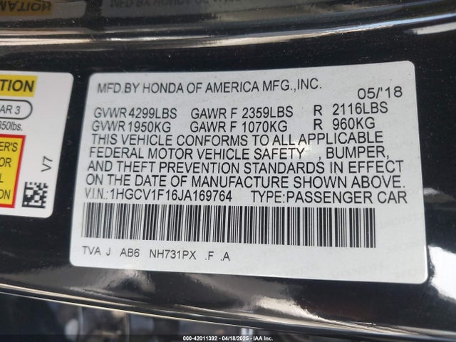 1HGCV1F16JA169764 Honda ACCORD LX