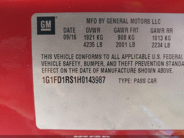 1G1FD1RS1H0143987 Chevrolet Camaro 2lt