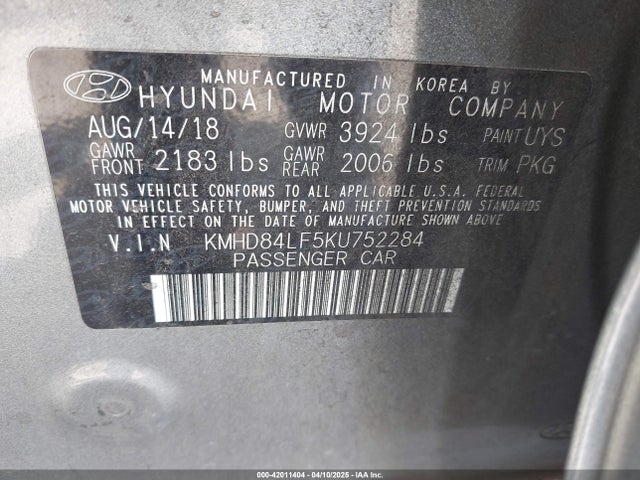 KMHD84LF5KU752284 Hyundai ELANTRA SEL