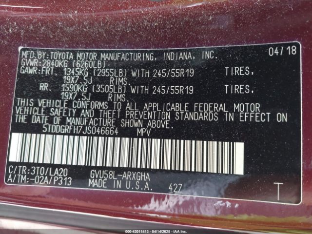 5TDDGRFH7JS046664 Toyota Highlander Hybrid Limited Platinum