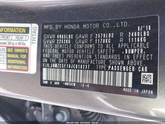 JHMZC5F16JC018237 Honda CLARITY PLUG-IN HYBRID
