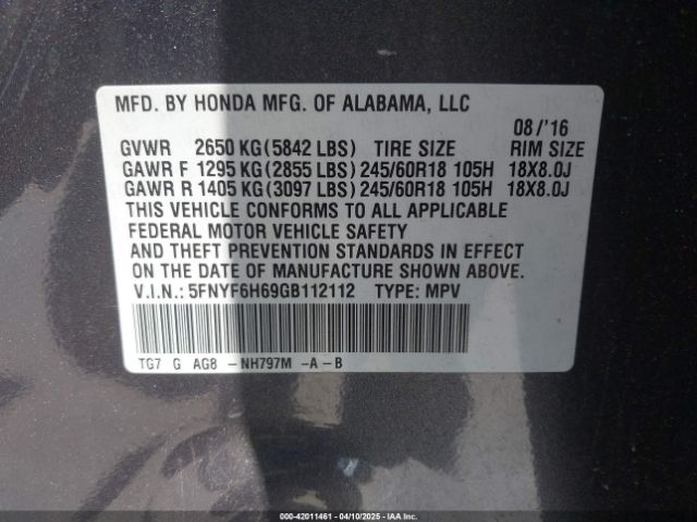 5FNYF6H69GB112112 Honda Pilot Ex-l