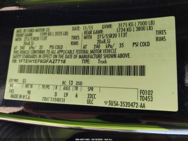 1FTEW1EF6GFA27718 Ford F-150 Platinum