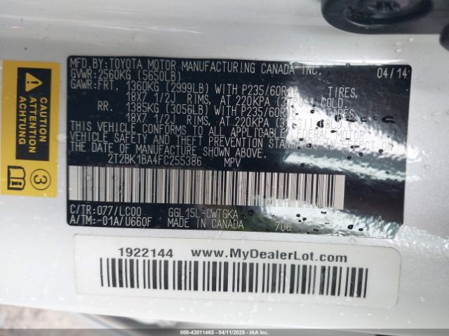 2T2BK1BA4FC255386 Lexus RX 350