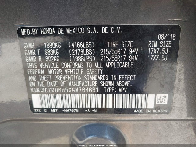 3CZRU6H5XGM764681 Honda HR-V EX