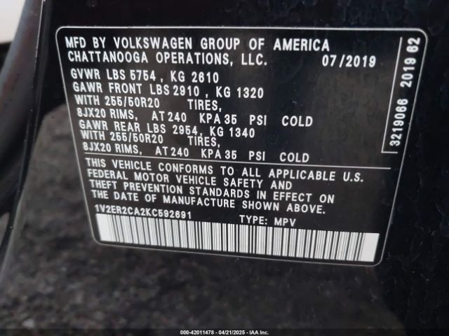 1V2ER2CA2KC592691 Volkswagen Atlas 3.6l V6 Sel