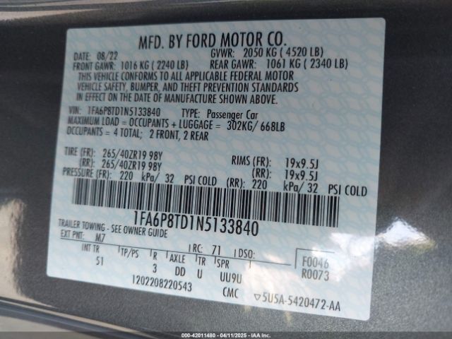 1FA6P8TD1N5133840 Ford Mustang Ecoboost Premium Fastback
