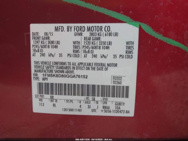 1FM5K8D80GGA76152 Ford EXPLORER XLT