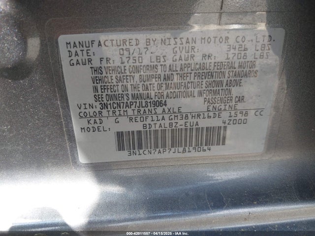 3N1CN7AP7JL819064 Nissan Versa 1.6 Sv