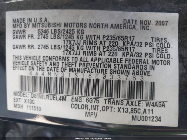 2008 MITSUBISHI ENDEAVOR 4A4MN31S18E033763 Photo 8