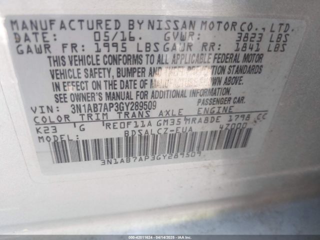 3N1AB7AP3GY289509 Nissan Sentra Fe+ S