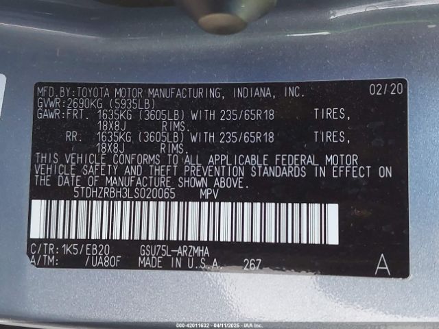 5TDHZRBH3LS020065 Toyota Highlander Xle