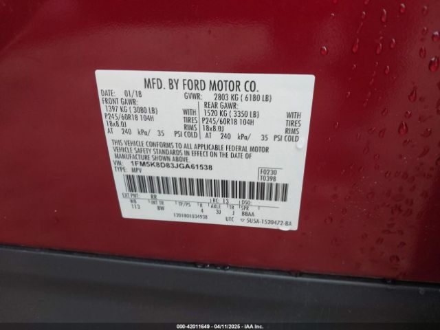 1FM5K8D83JGA61538 Ford EXPLORER XLT