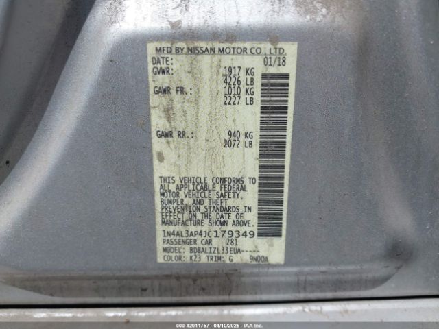 1N4AL3AP4JC179349 Nissan Altima 2.5 Sv