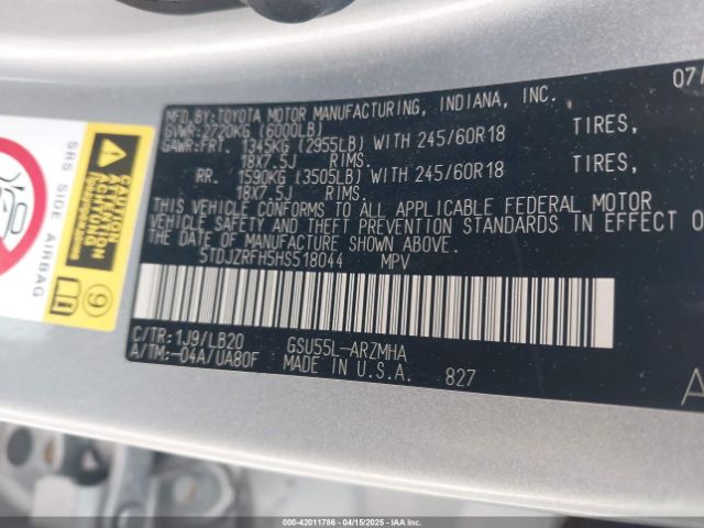 5TDJZRFH5HS518044 Toyota Highlander Xle
