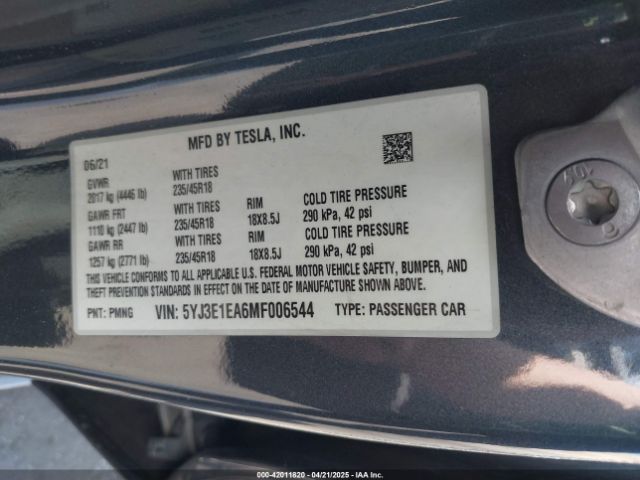 5YJ3E1EA6MF006544 Tesla Model 3 Standard Range Plus Rear-wheel Drive