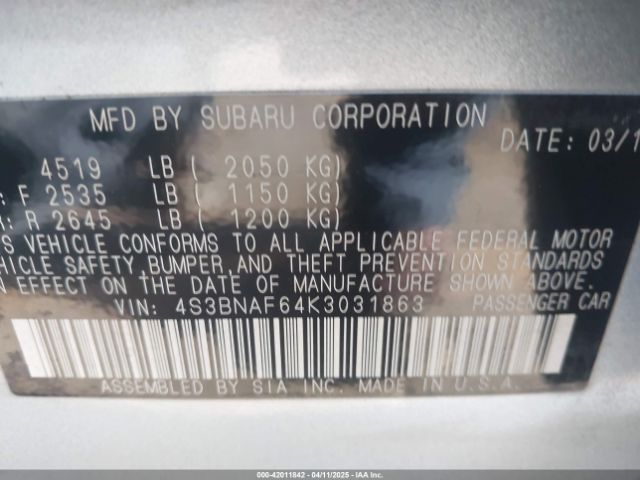 4S3BNAF64K3031863 Subaru Legacy 2.5i Premium