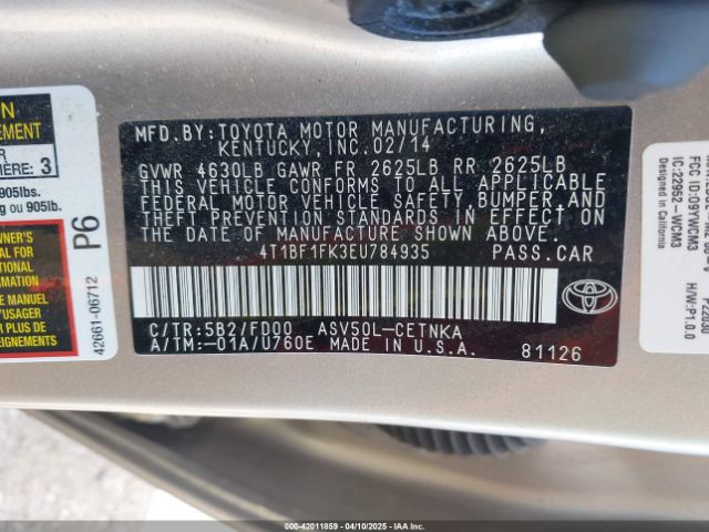 4T1BF1FK3EU784935 Toyota CAMRY LE