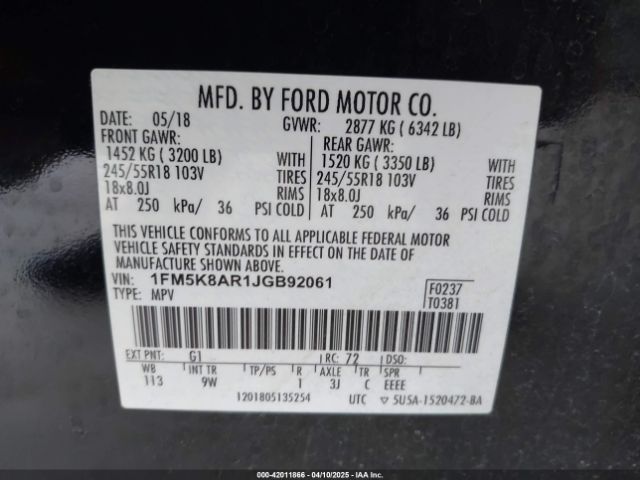 1FM5K8AR1JGB92061 Ford Police Interceptor