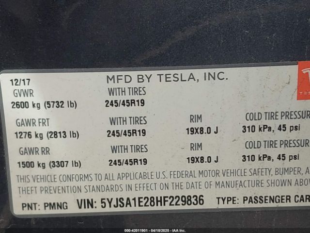 5YJSA1E28HF229836 Tesla MODEL S