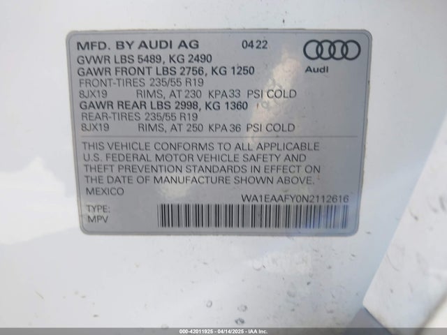 WA1EAAFY0N2112616 Audi Q5 Premium Plus 45 Tfsi S Line Quattro S Tronic