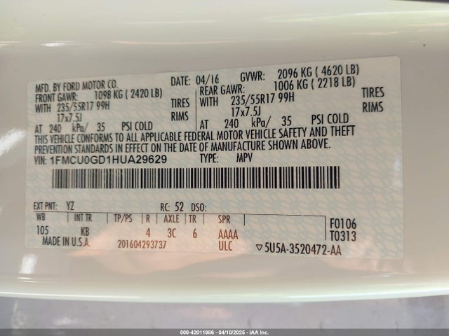 1FMCU0GD1HUA29629 Ford ESCAPE SE