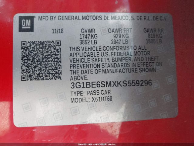 3G1BE6SMXKS559296 Chevrolet CRUZE LT