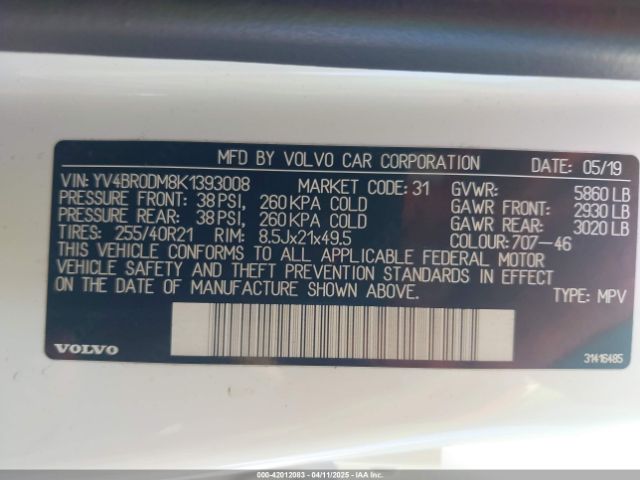 YV4BR0DM8K1393008 Volvo Xc60 Hybrid T8 R-design