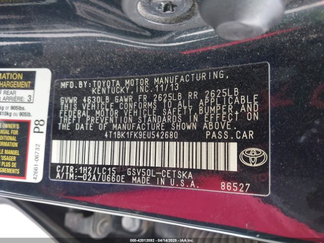 4T1BK1FK9EU542680 Toyota 2gr-fe