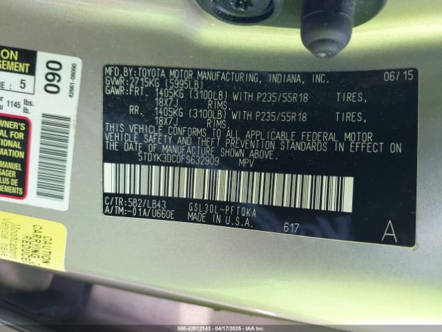 5TDYK3DC0FS632909 Toyota Sienna Limited Premium 7 Passenger